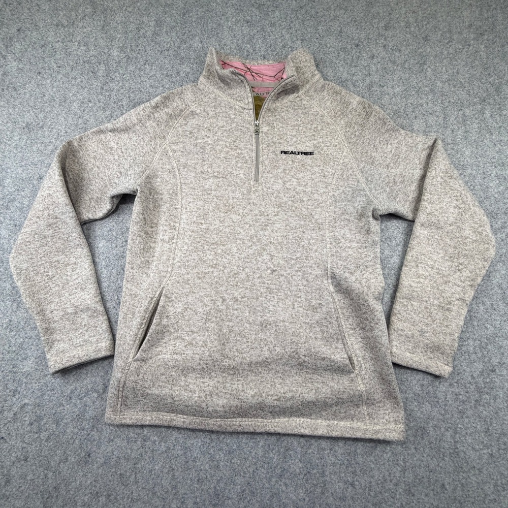 Realtree Womens Quarter Zip Pullover Sweater Fleece Oatmeal Heather Pink Camo L